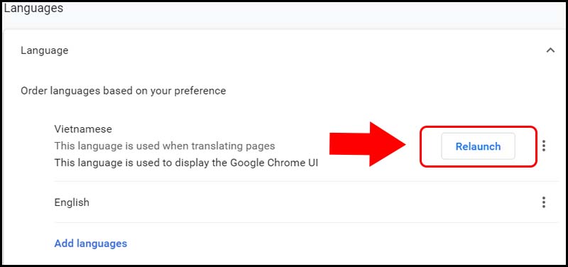 Chọn Relaunch để tiến hành khởi chạy lại Google Chrome